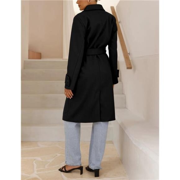 Womens Midi Length Trench Coat with Belt Black - Picture 4 of 4